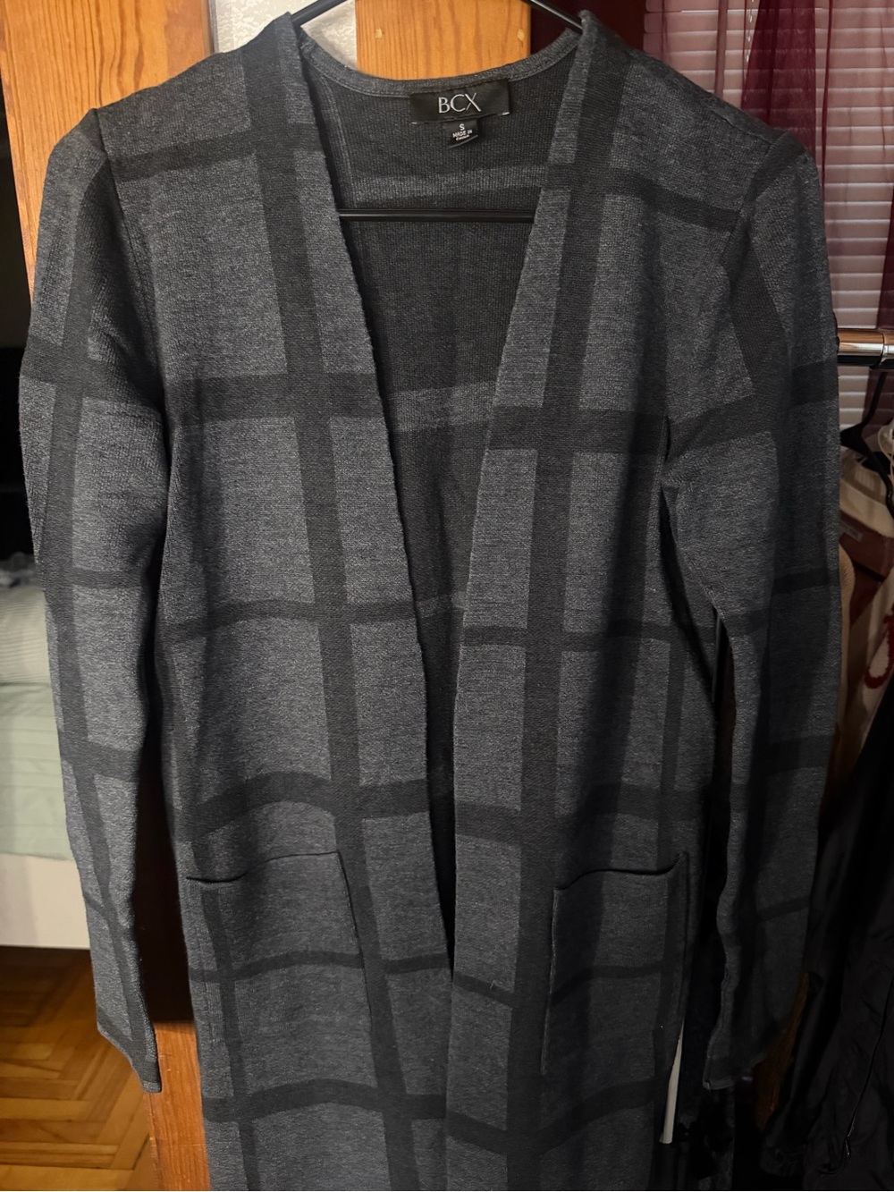 BCX Men's Charcoal and Black Windowpane Cardigan Sweater